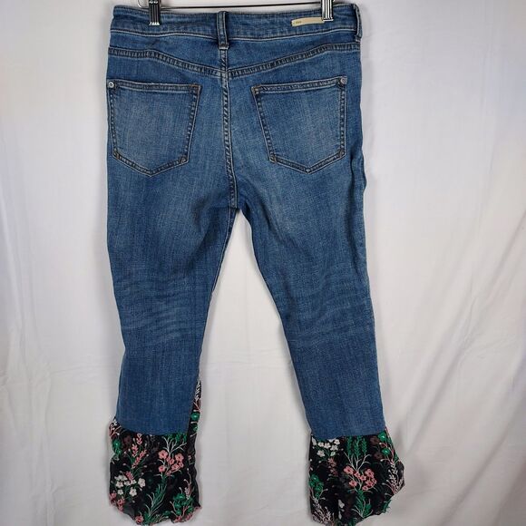 Anthropologie Pilcro Jeans 27 Boho Embroidered Ruffle Hem Floral Denim - Picture 2 of 16